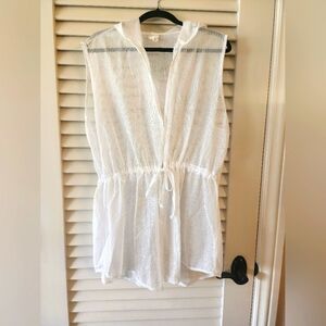 Bathing Suit Semi Sheer Cover Up White Open Front With Tie and Hood XL